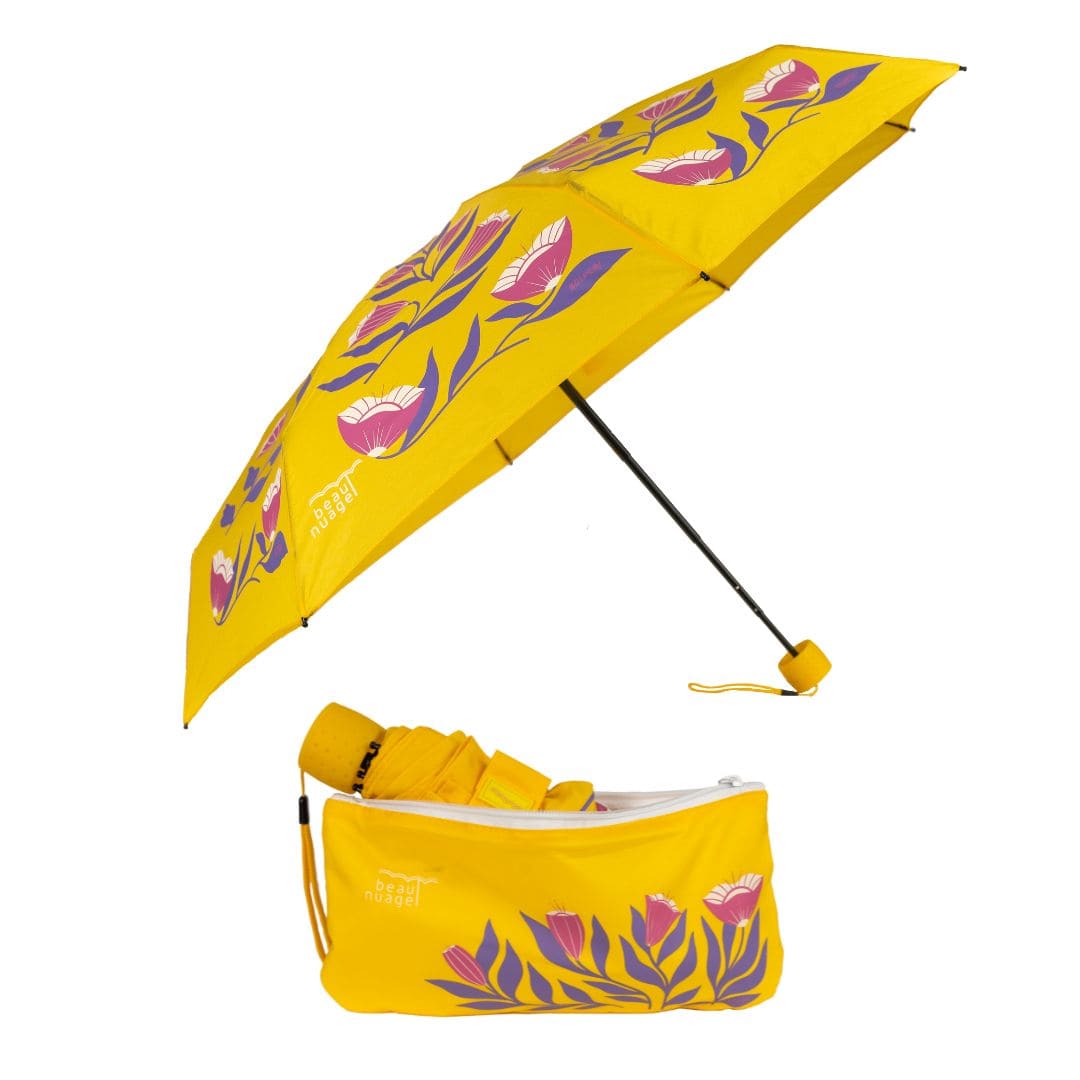 yellow mini umbrella with pink flowers