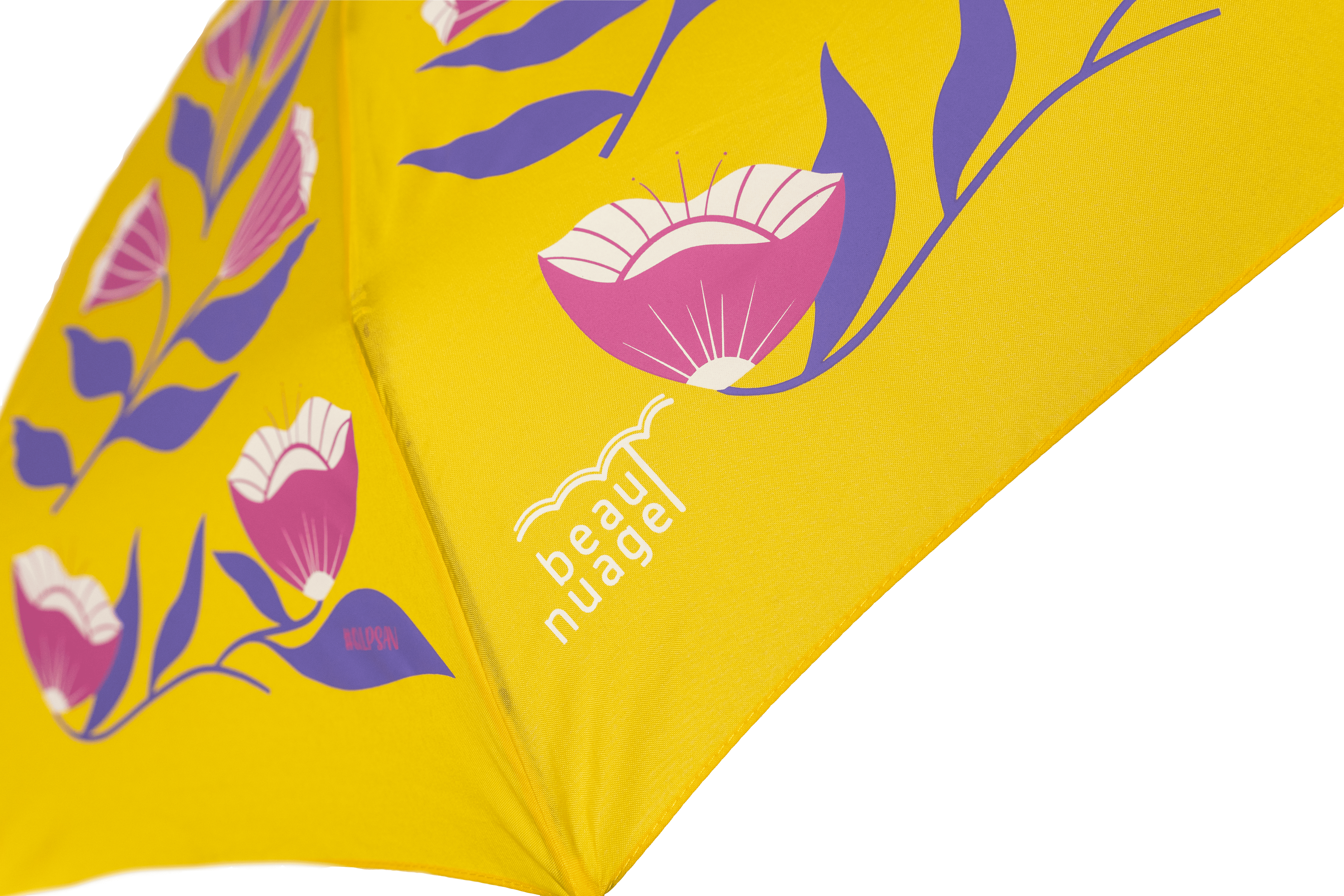 yellow umbrella with pink flowers on the canopy